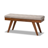 Baxton Studio Alona-Medium Oak/Light Grey-Bench Alona Mid-Century Modern Light Grey Fabric Upholstered Wood Dining Bench